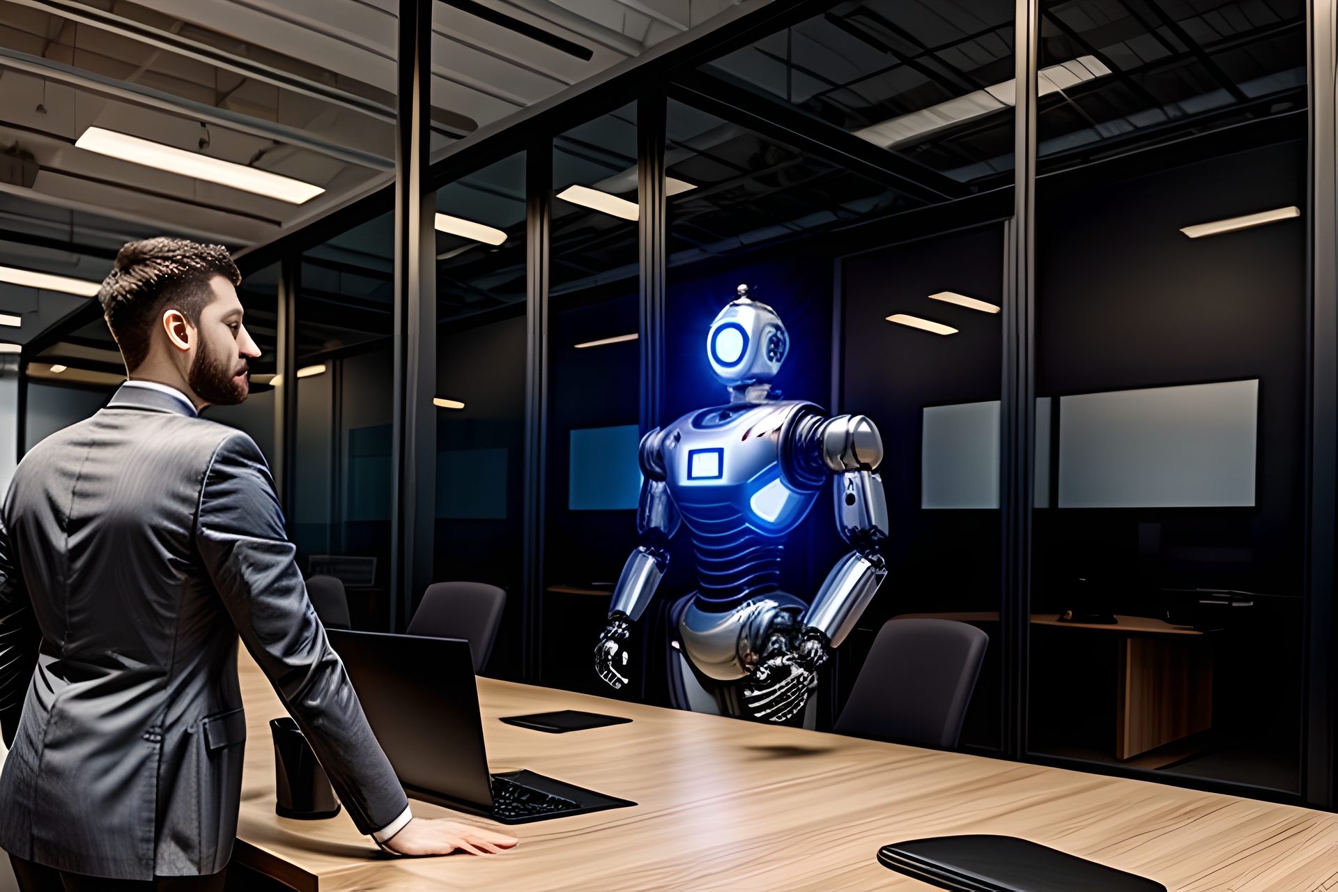 AI in HR: a human businessman and a robot stand face-to-face in a conference room.