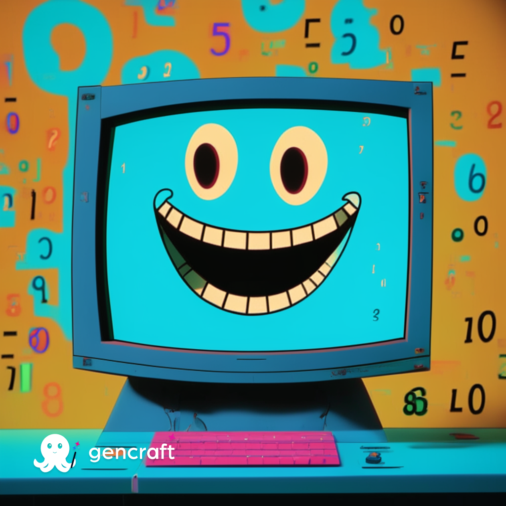 AI in HR: a smiling computer screen with numbers and data floating in the room around it.