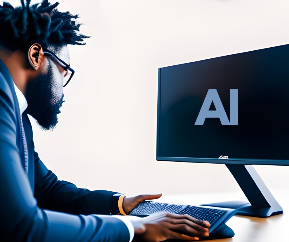 An HR professional in business attire sits in front of a computer screen that has the letters 'AI' displayed on it.