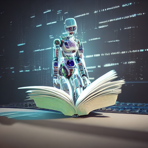 A humanoid robot, representative of AI is surrounded by HR data and code emerges from inside of a paperback book.